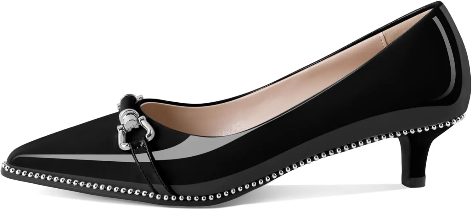 Women Low Heels Kitten Heel Pumps Ladies Beaded Pump Closed Pointd Toe Buckle Bow Shoes Slip On Office Wedding Work Evening 1.5 Inch Heel