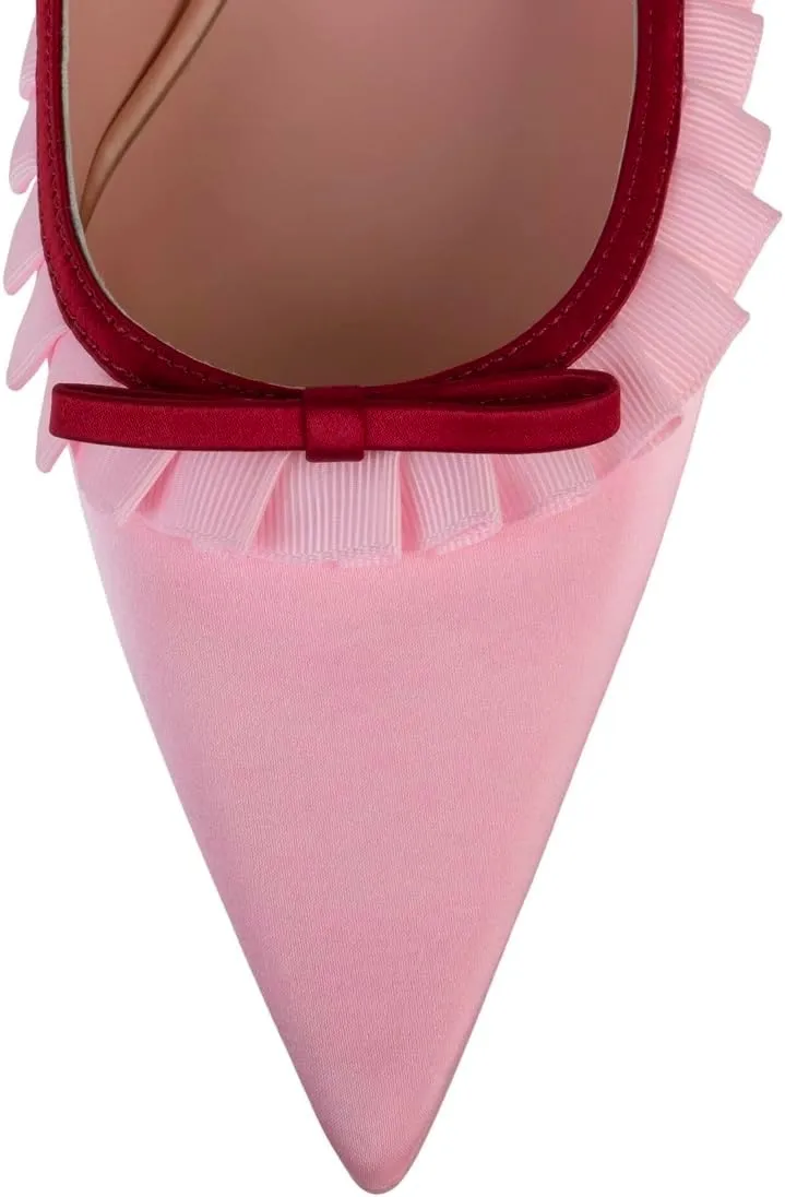 Women Pointed Toe Kitten Heel Bow Pumps Satin Ankle Strap Dress Shoes Lace Ruffles Cute 1 inch Low Kitten Heels Satin Wedding Bridal Dress Low Heels Two Tone Elegant Comfy 4-11 M US