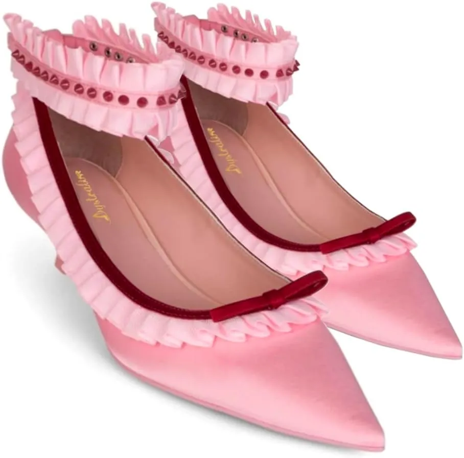 Women Pointed Toe Kitten Heel Bow Pumps Satin Ankle Strap Dress Shoes Lace Ruffles Cute 1 inch Low Kitten Heels Satin Wedding Bridal Dress Low Heels Two Tone Elegant Comfy 4-11 M US