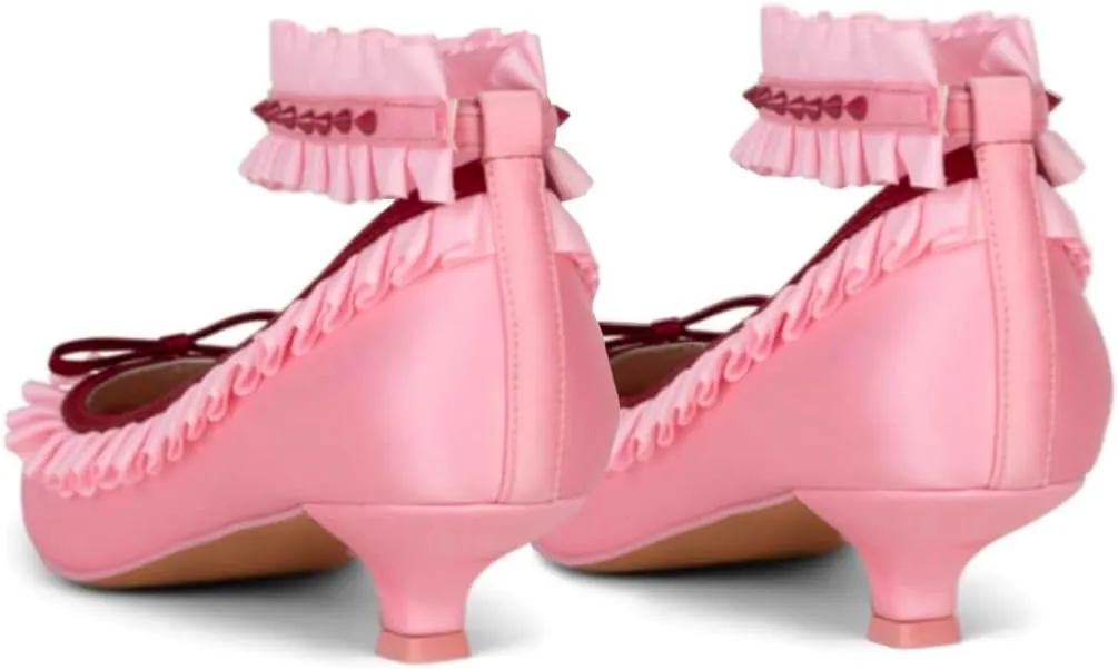 Women Pointed Toe Kitten Heel Bow Pumps Satin Ankle Strap Dress Shoes Lace Ruffles Cute 1 inch Low Kitten Heels Satin Wedding Bridal Dress Low Heels Two Tone Elegant Comfy 4-11 M US