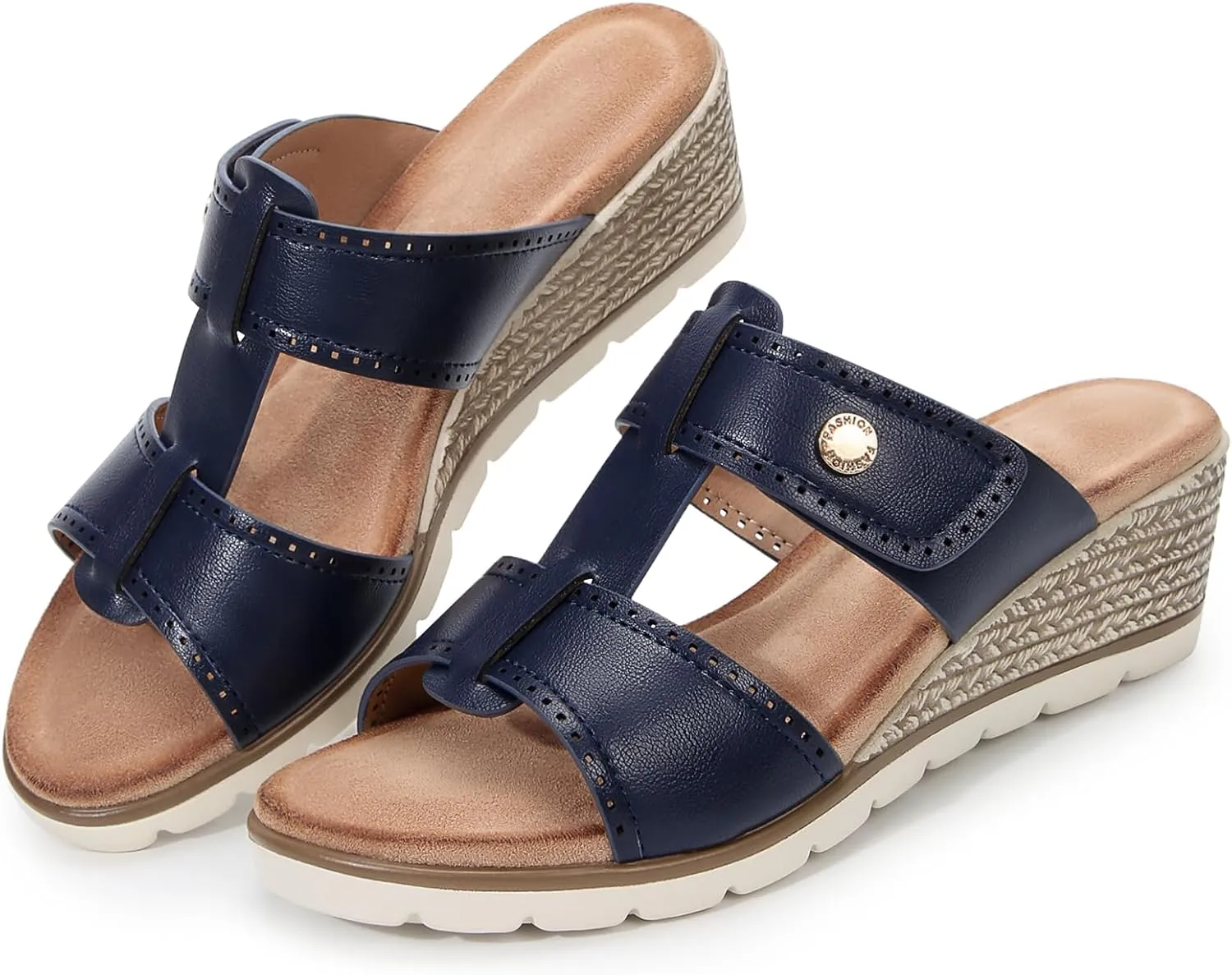 Women's Adjustable Dual Strap Low Platform Slip on Slide Wedge Sandals