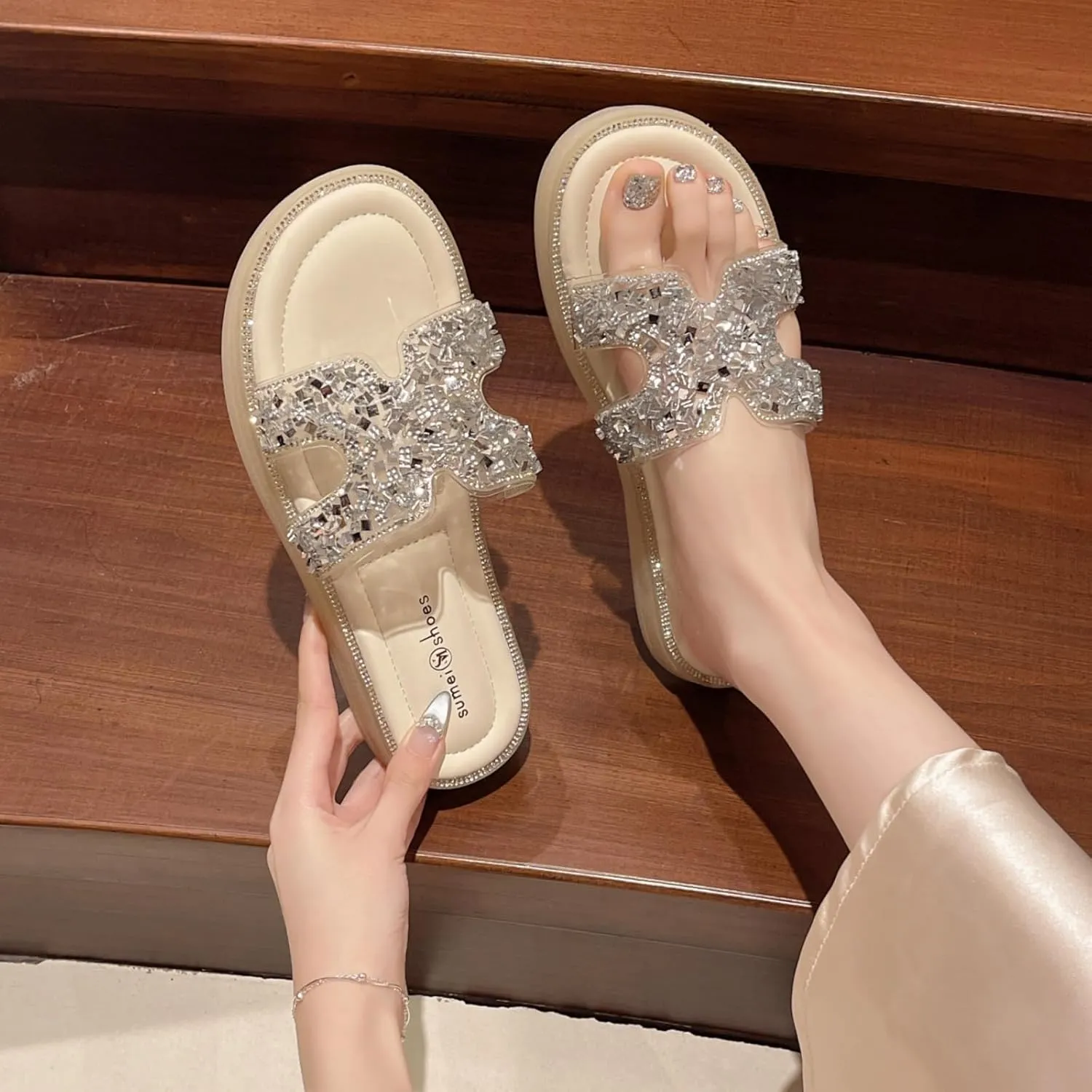 Women's Bling Slide Sandals with Non-Slip Sole Sparkling Straps & Light Cushion for Casual Summer Style