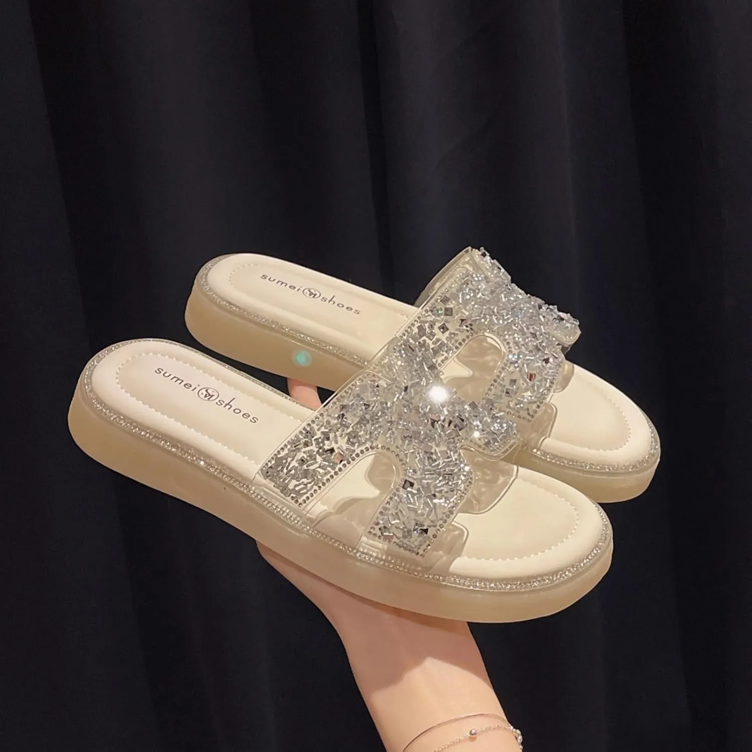 Women's Bling Slide Sandals with Non-Slip Sole Sparkling Straps & Light Cushion for Casual Summer Style