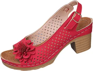 Womens Block Heel Sandals Summer Open Toe Ankle Buckle Strap Chunky Non Slip Dress Shoes Casual Solid Color Hollow Out Floral Decor Sandals Lightweight Platform Wedge Fashion Footwear