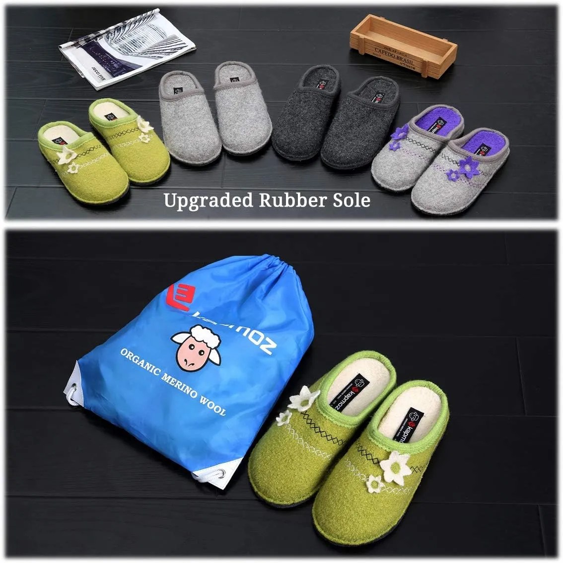 Women's Boiled Wool House Slippers Breathable Sweat Free Clog Slip on Mule Indoor/Outdoor Slipper