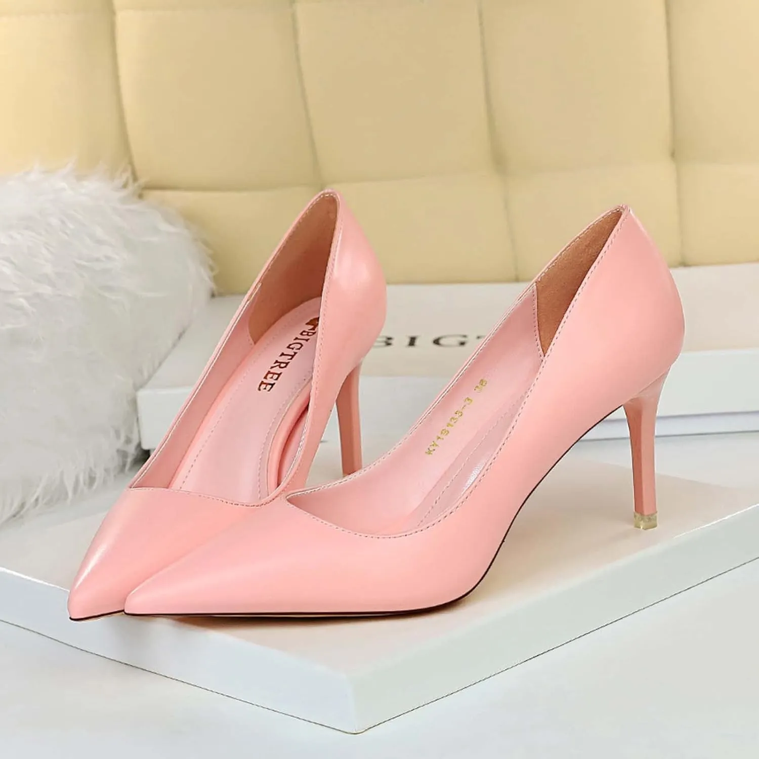 Women's Classic Pointed Toe Mid Heels Pumps Wedding Dress Office Shoes LB077