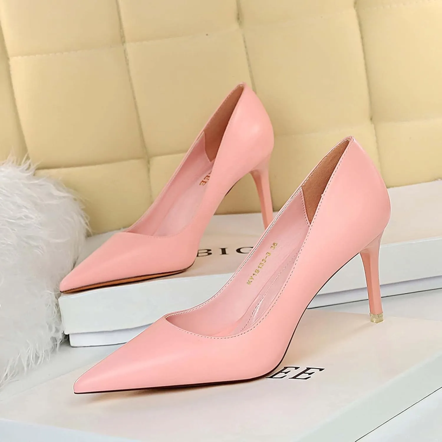 Women's Classic Pointed Toe Mid Heels Pumps Wedding Dress Office Shoes LB077