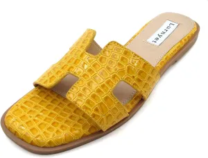 Women's Comfort Cushion Flat Sandal with Crocodile Pattern: Stylish Design Slide, Non-Slip Rubber Sole, Latex Insole for Comfort, Perfect for Parties, Gatherings, Casual Wear, Vacations, and Beach Days