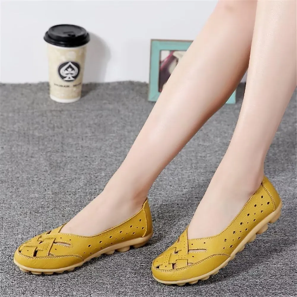 Women's Cowhide Leather Shoes Loafers Flats Sandals Slip-On Cutout