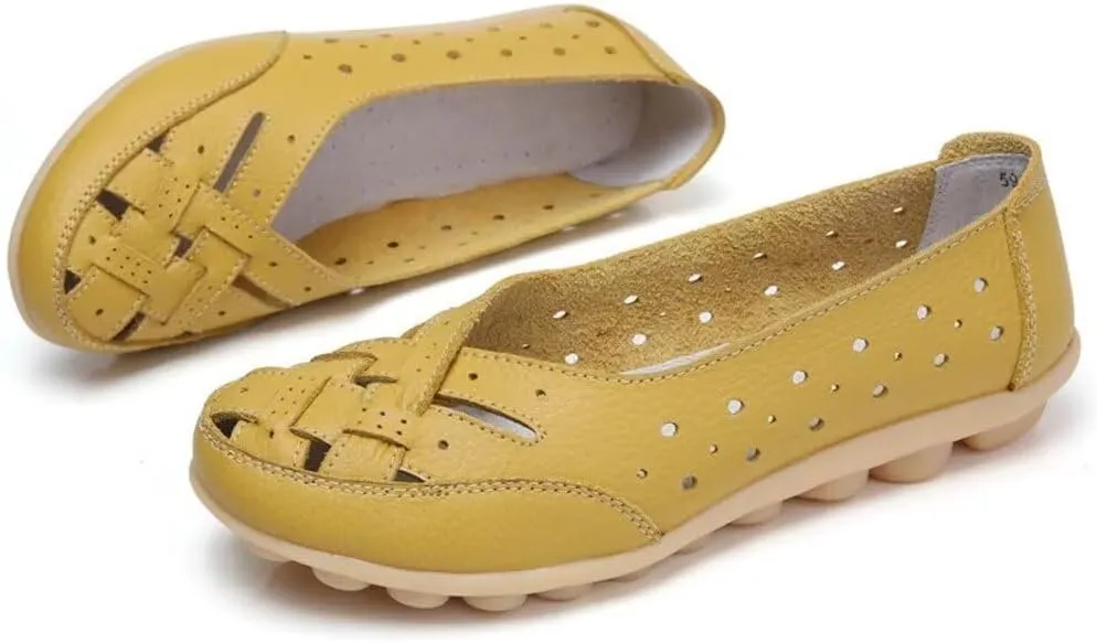 Women's Cowhide Leather Shoes Loafers Flats Sandals Slip-On Cutout