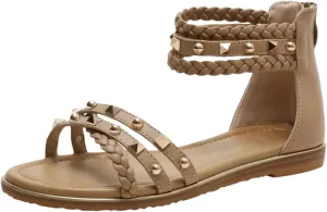 Womens Elastic Band Ankle Strap Flat Heel Open Side Vamp Ethnic Sandals PU Upper Rivet Woven Retro Roman Casual Summer Sandals