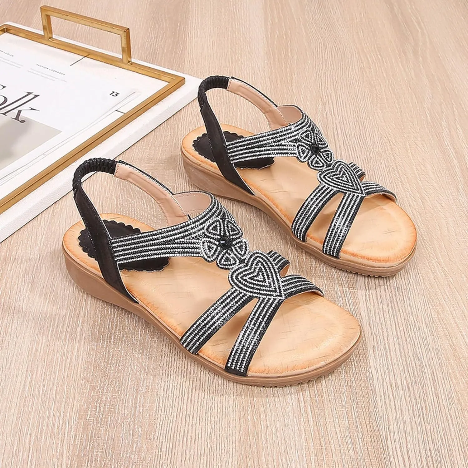 Women's Fashion Flat Sandals Beaded Rhinestone Stretch Heel Elastic Strap Sandals Close Toe Sandals for Women Size 11