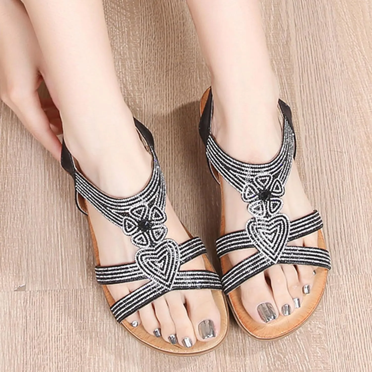 Women's Fashion Flat Sandals Beaded Rhinestone Stretch Heel Elastic Strap Sandals Close Toe Sandals for Women Size 11