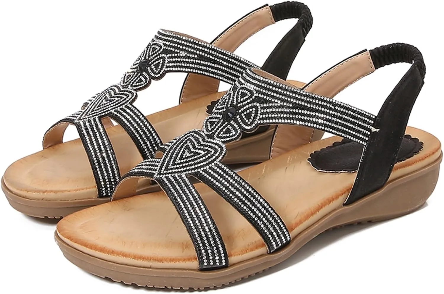Women's Fashion Flat Sandals Beaded Rhinestone Stretch Heel Elastic Strap Sandals Close Toe Sandals for Women Size 11