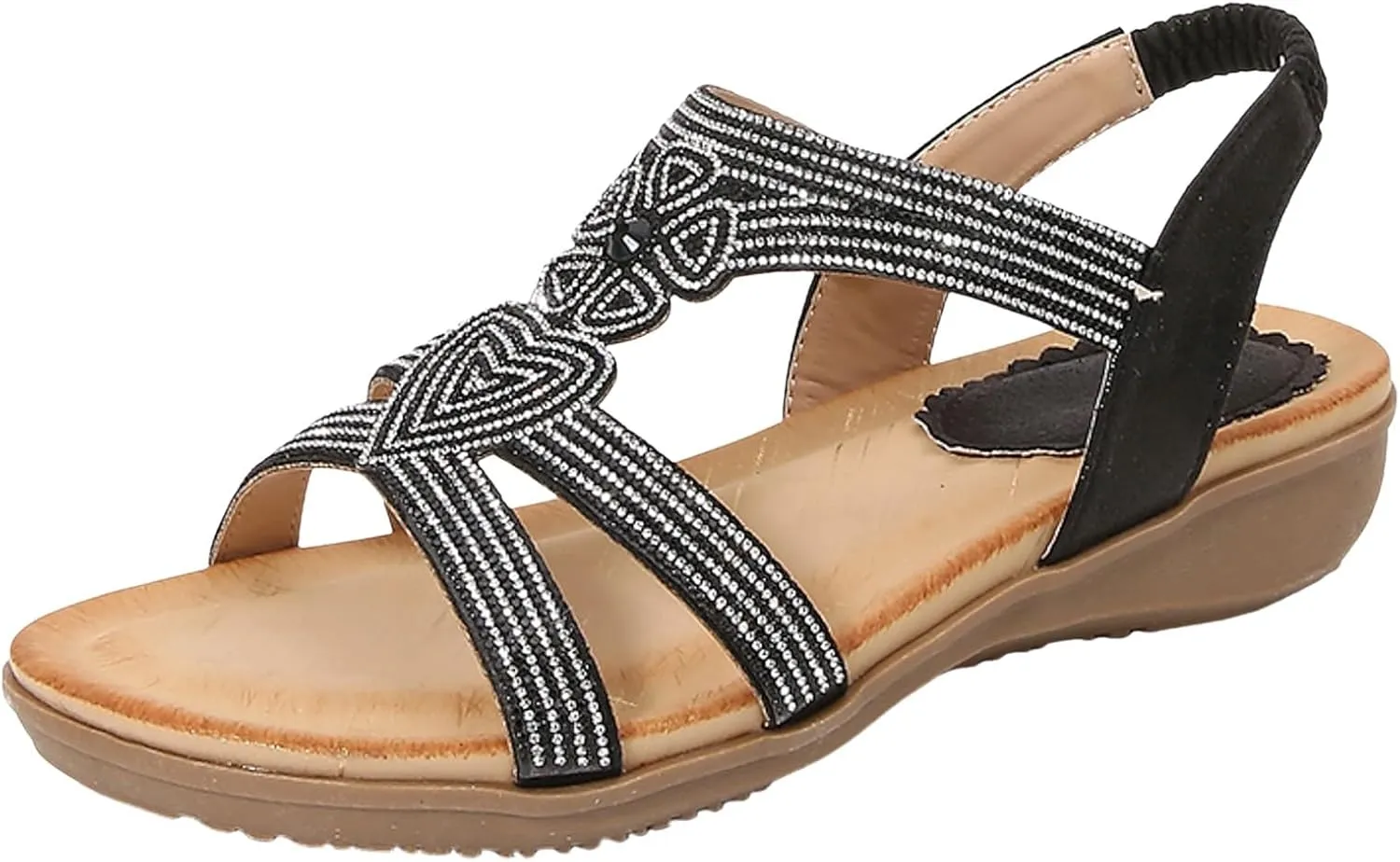Women's Fashion Flat Sandals Beaded Rhinestone Stretch Heel Elastic Strap Sandals Close Toe Sandals for Women Size 11