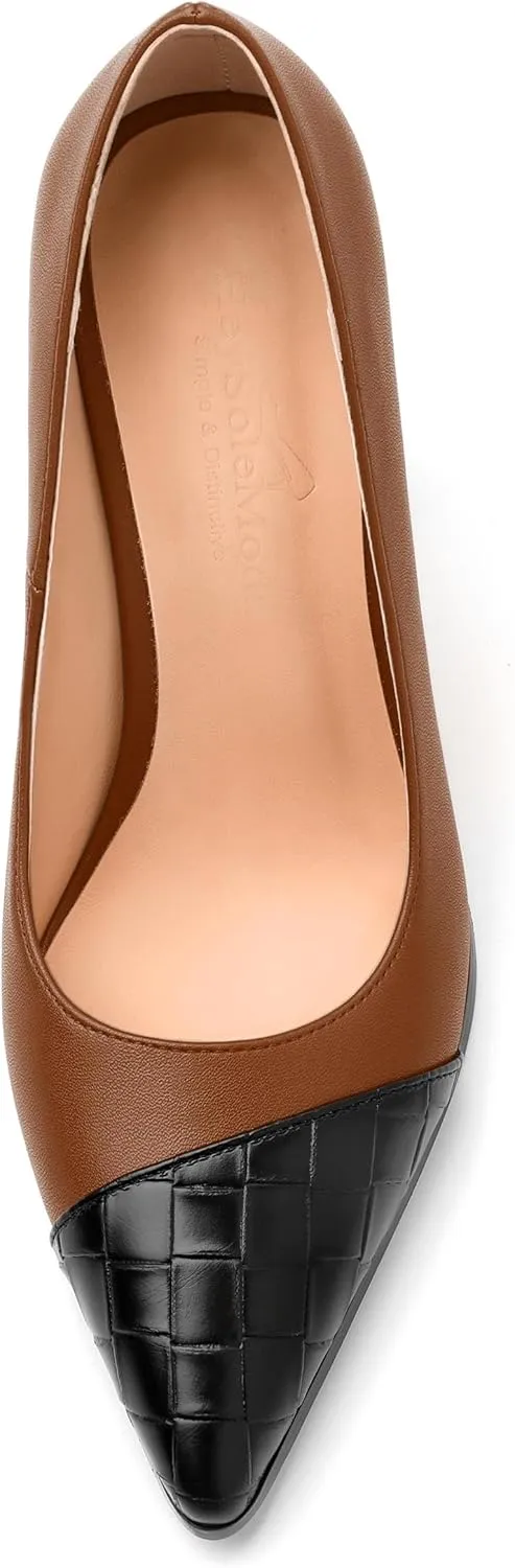 Women's High Heel Pumps, Pointed Toe Chunky Heel for Women, Leather Insole Upper Splicing Dressy 3.5" Pump