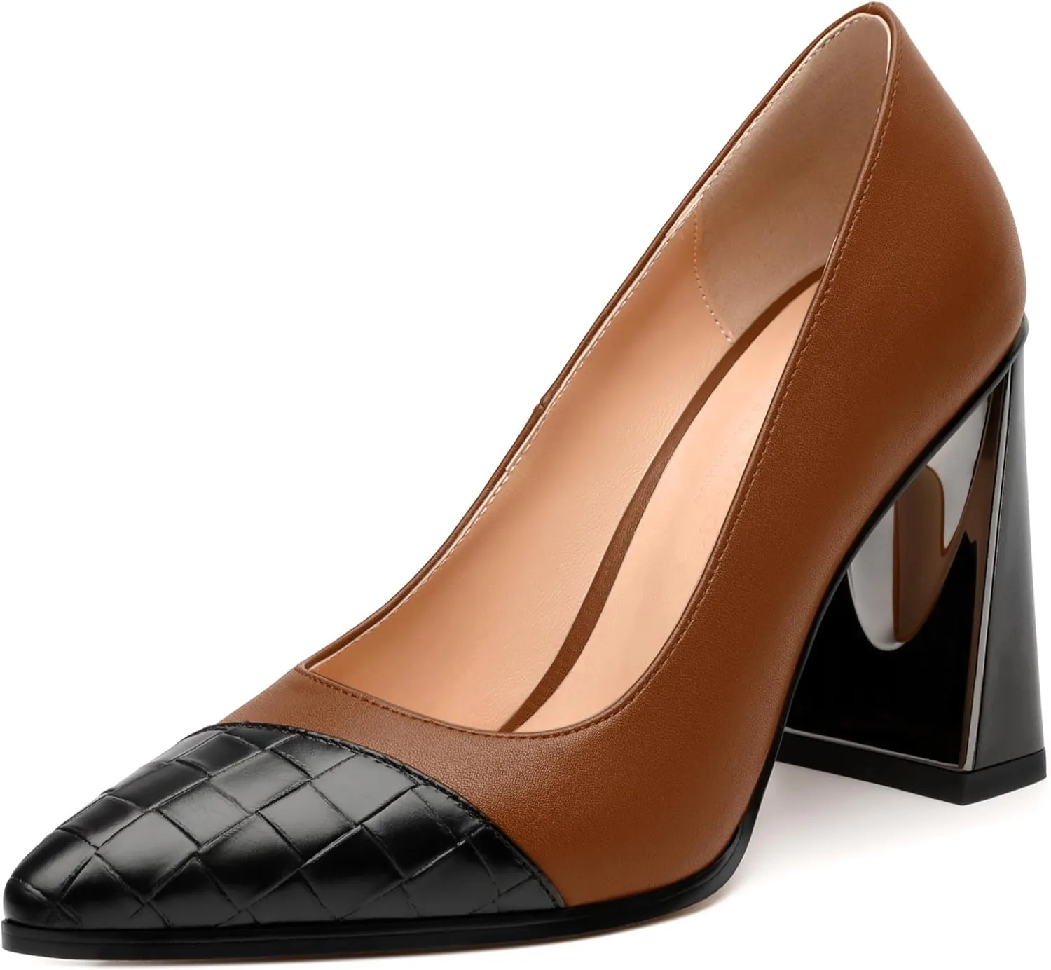 Women's High Heel Pumps, Pointed Toe Chunky Heel for Women, Leather Insole Upper Splicing Dressy 3.5" Pump