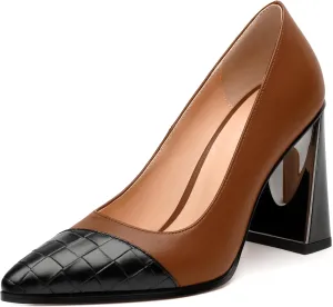 Women's High Heel Pumps, Pointed Toe Chunky Heel for Women, Leather Insole Upper Splicing Dressy 3.5" Pump