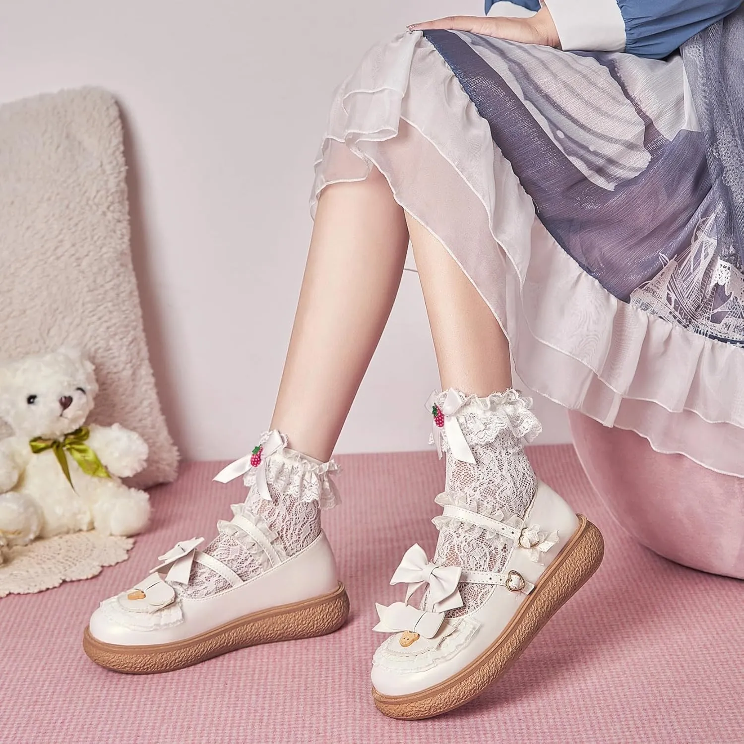 Women's Kawaii Mary Janes Flats, School Cute Mary Jane Shoes, Lolita Low Wedge Platform Heels Pump