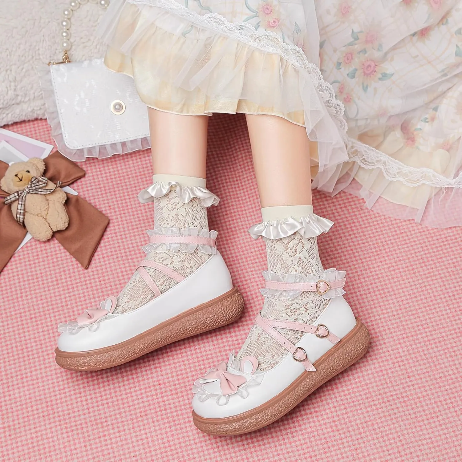 Women's Kawaii Mary Janes Flats, School Cute Mary Jane Shoes, Lolita Low Wedge Platform Heels Pump