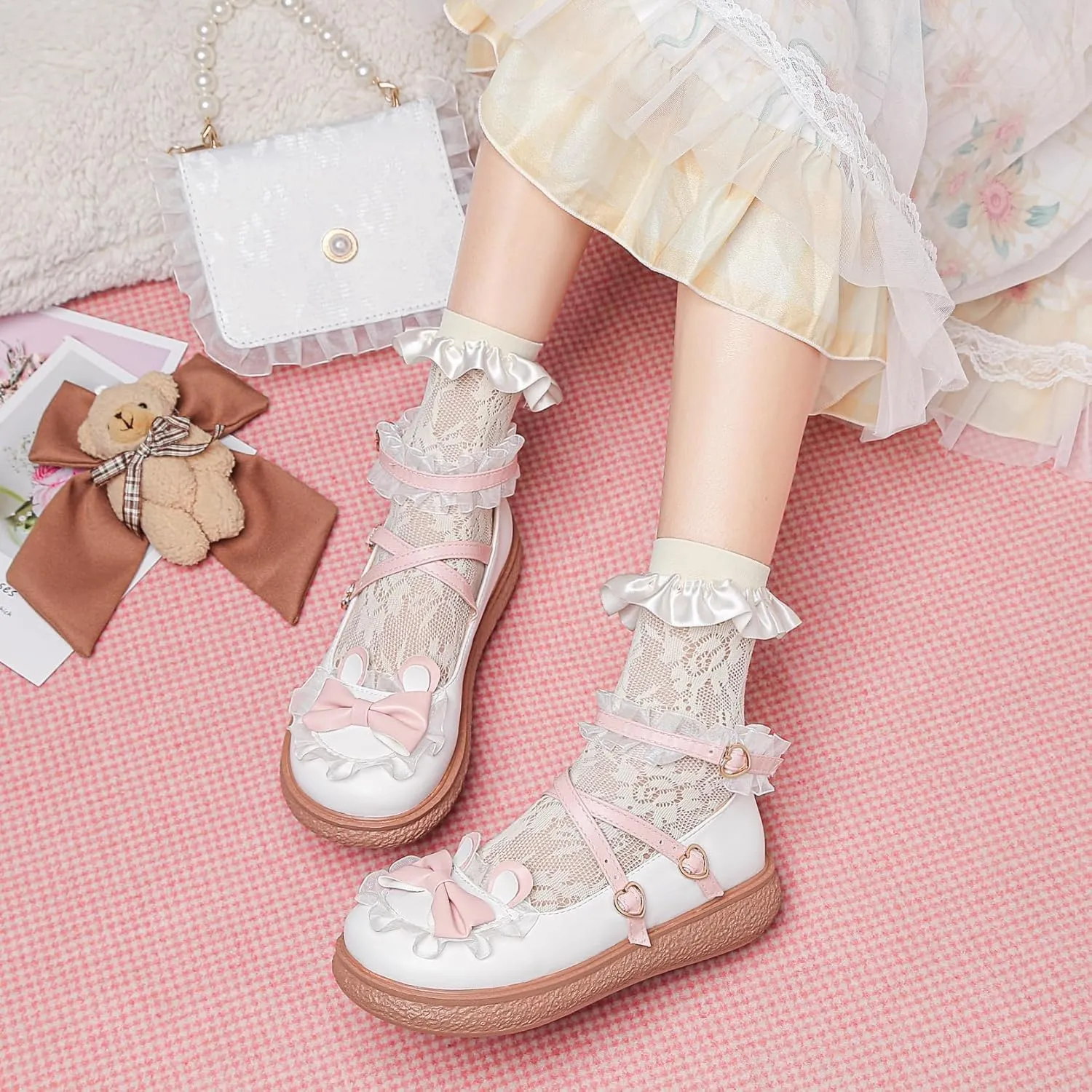 Women's Kawaii Mary Janes Flats, School Cute Mary Jane Shoes, Lolita Low Wedge Platform Heels Pump