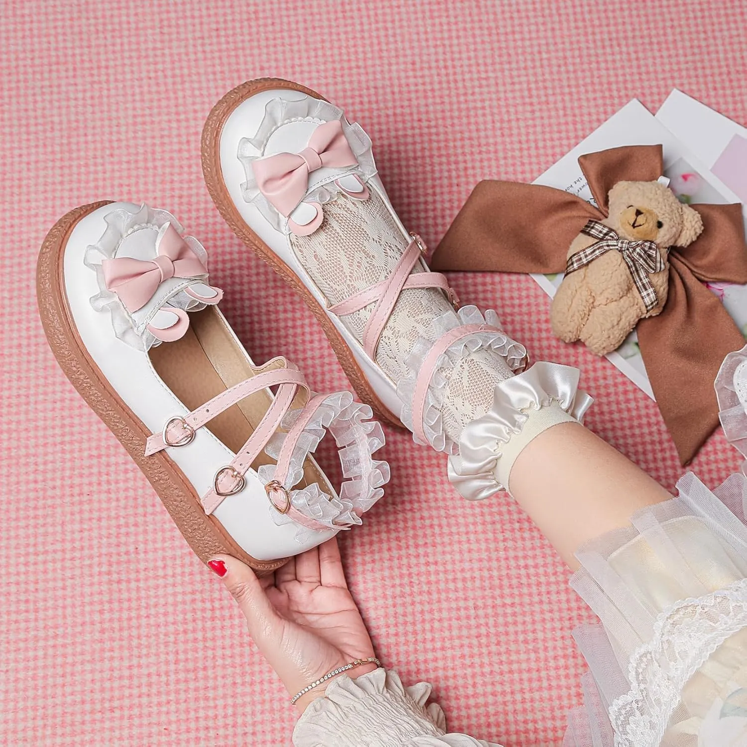 Women's Kawaii Mary Janes Flats, School Cute Mary Jane Shoes, Lolita Low Wedge Platform Heels Pump