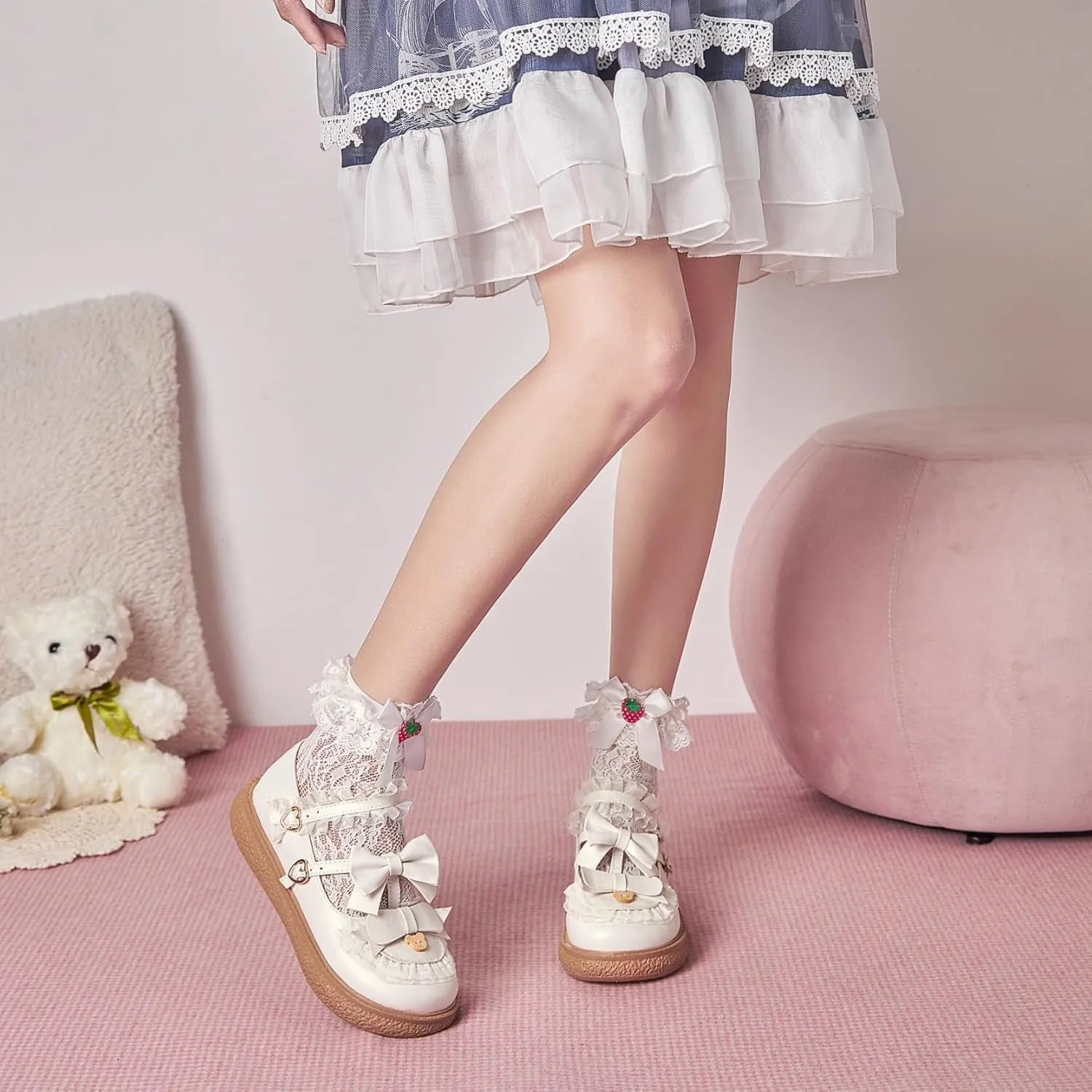 Women's Kawaii Mary Janes Flats, School Cute Mary Jane Shoes, Lolita Low Wedge Platform Heels Pump