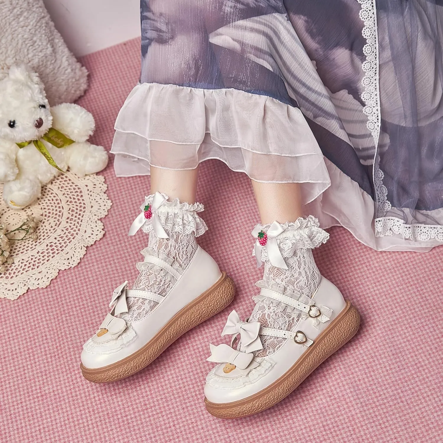 Women's Kawaii Mary Janes Flats, School Cute Mary Jane Shoes, Lolita Low Wedge Platform Heels Pump
