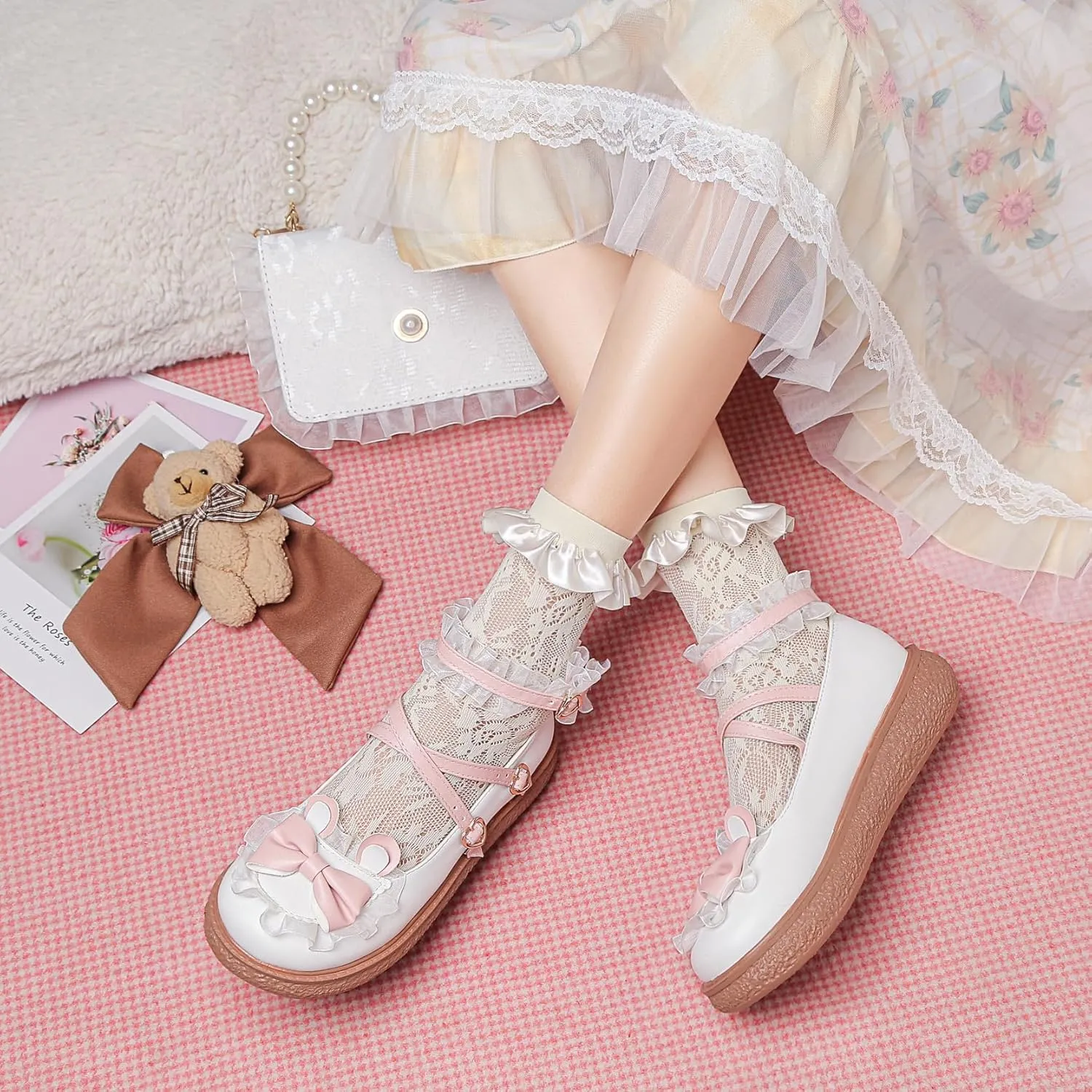 Women's Kawaii Mary Janes Flats, School Cute Mary Jane Shoes, Lolita Low Wedge Platform Heels Pump