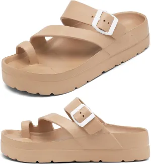 Womens Platform Sandals with Arch Support, Adjustable Buckle Beach Sandal Woman Comfort Lightweight Ultra Cushion EVA Slides