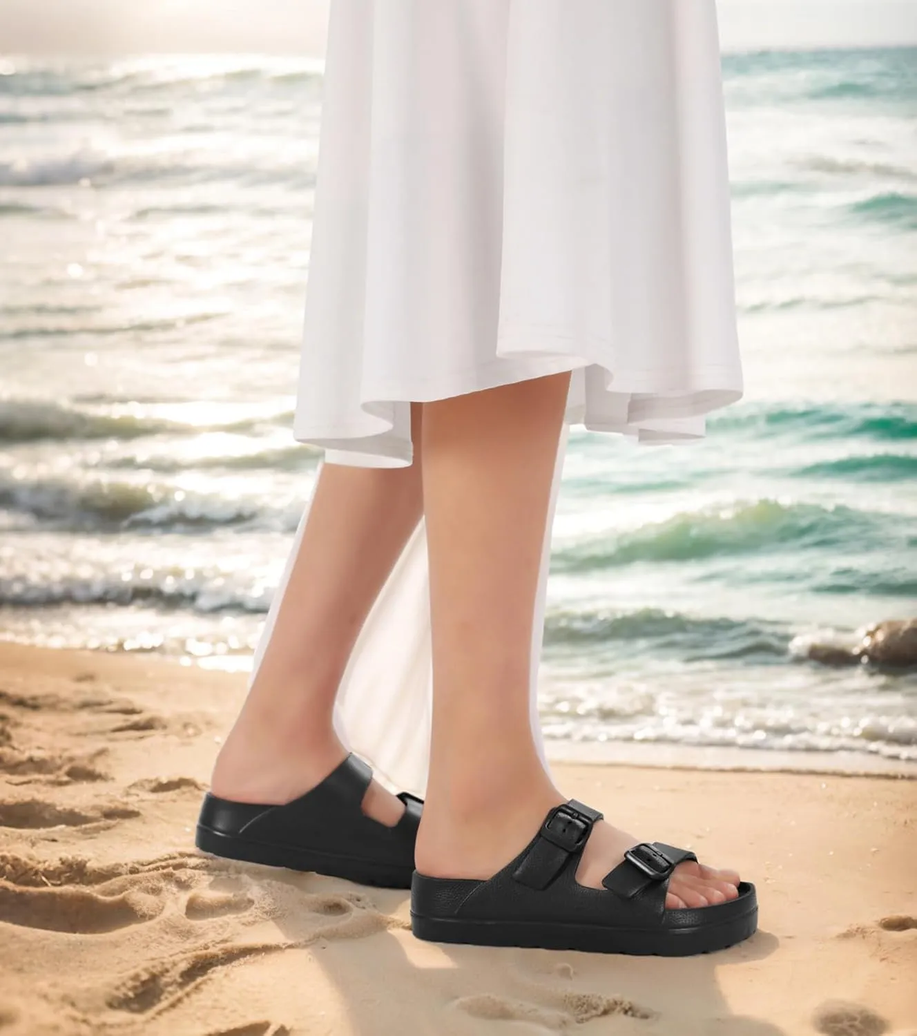 Womens Platform Sandals with Arch Support, Adjustable Buckle Beach Sandal Woman Comfort Lightweight Ultra Cushion EVA Slides