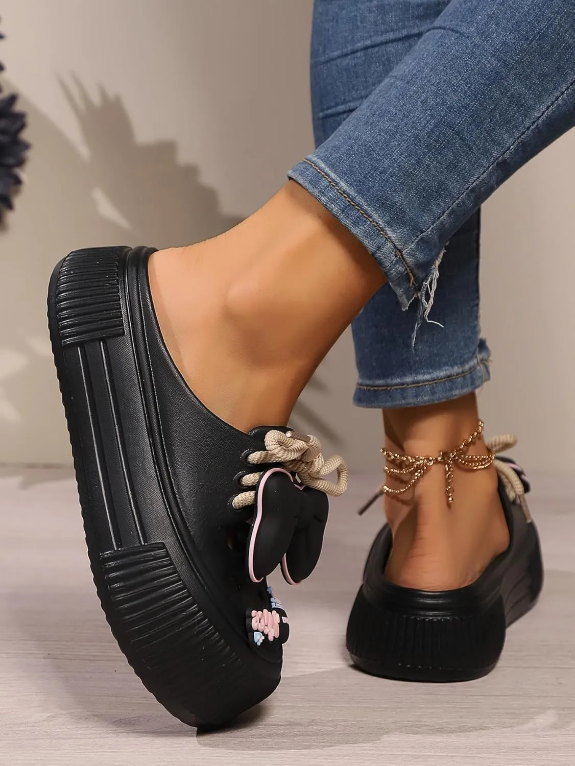 Women's Platform Slide Sandals with Bow and Flower Charms, Cavernous Upper