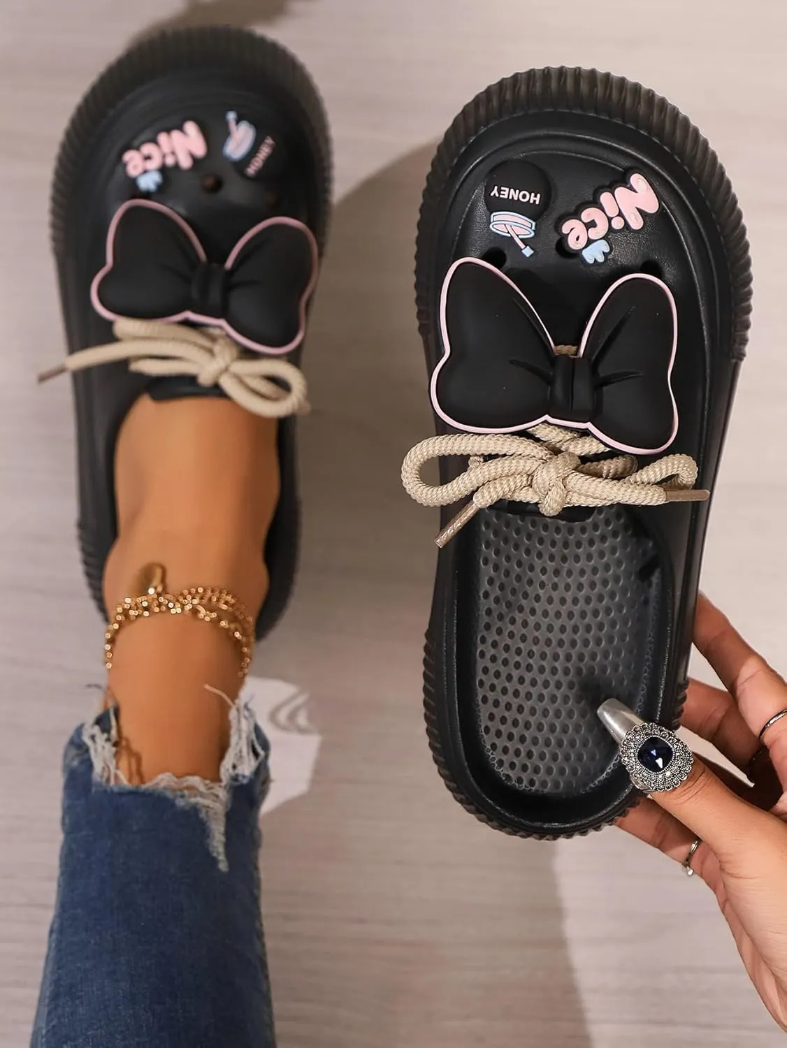Women's Platform Slide Sandals with Bow and Flower Charms, Cavernous Upper