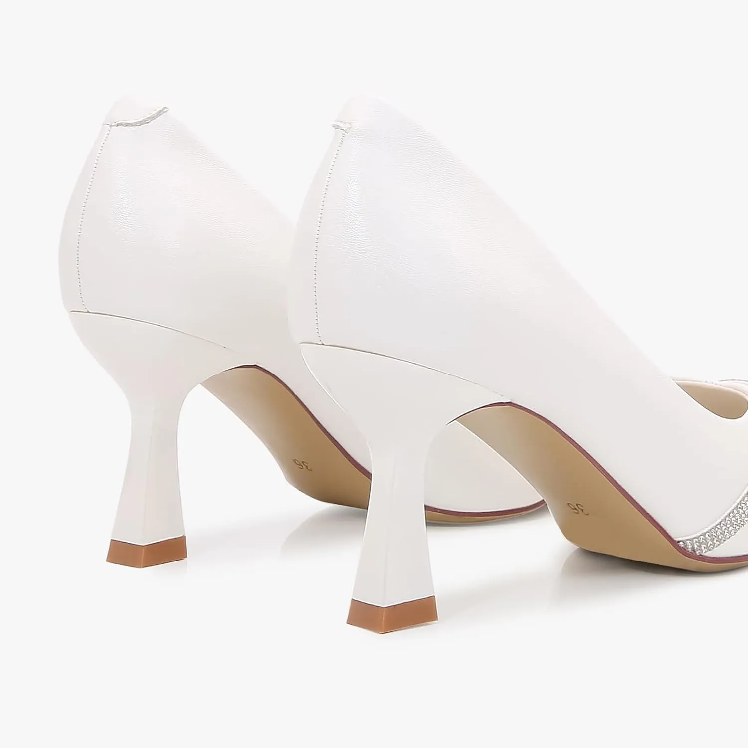 Women's Pointed Toe Mid Heel, Classic Pump with Sparkling Curved Strap Accent, Comfortable Mid-Heel for Every Ocassion