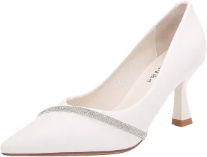 Women's Pointed Toe Mid Heel, Classic Pump with Sparkling Curved Strap Accent, Comfortable Mid-Heel for Every Ocassion
