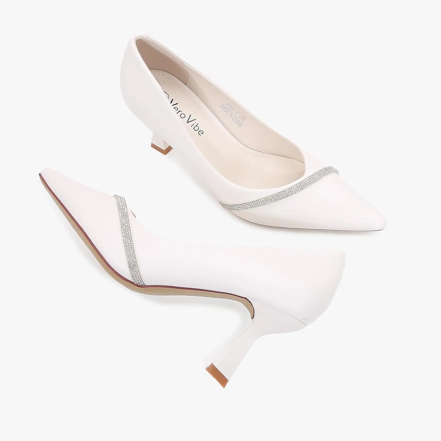Women's Pointed Toe Mid Heel, Classic Pump with Sparkling Curved Strap Accent, Comfortable Mid-Heel for Every Ocassion