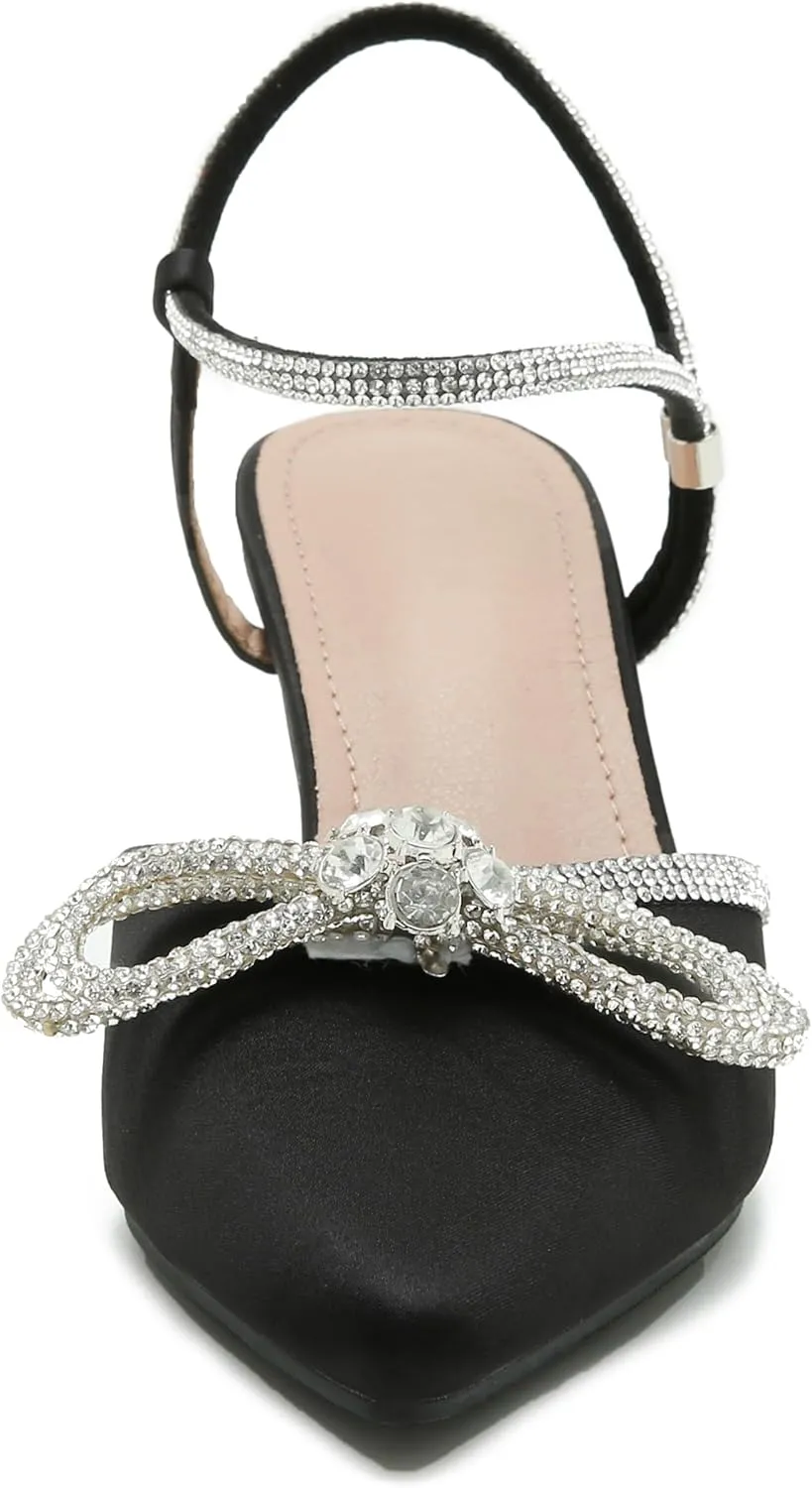 Women's Rhinstone Wedding Low Heel Slingback Kitten Heels, Adjustable Strap Pointed Toe Bow Pumps Prom Dress Shoes