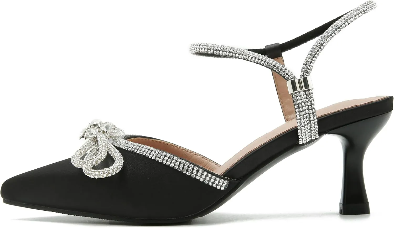 Women's Rhinstone Wedding Low Heel Slingback Kitten Heels, Adjustable Strap Pointed Toe Bow Pumps Prom Dress Shoes