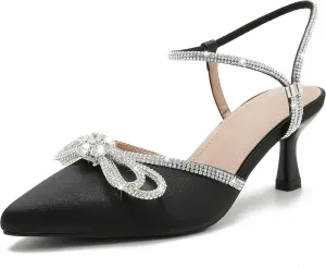 Women's Rhinstone Wedding Low Heel Slingback Kitten Heels, Adjustable Strap Pointed Toe Bow Pumps Prom Dress Shoes