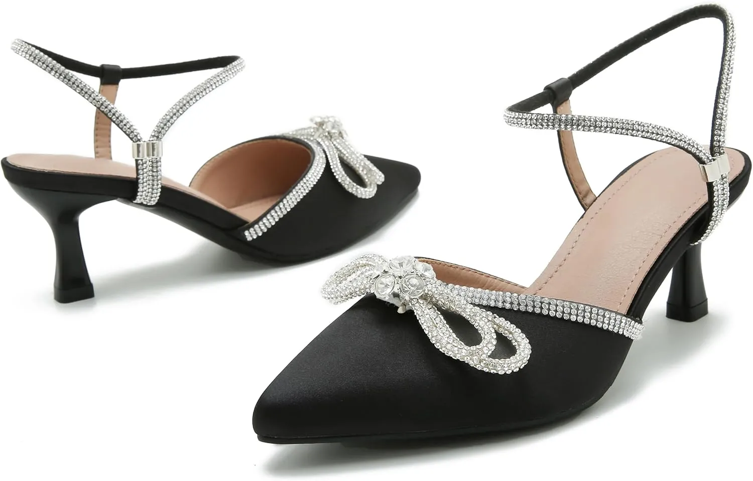 Women's Rhinstone Wedding Low Heel Slingback Kitten Heels, Adjustable Strap Pointed Toe Bow Pumps Prom Dress Shoes