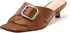 Women's Slide Sandals Square Open Toe Slip on Kitten Low Heel Metal Buckle Dressy Shoes