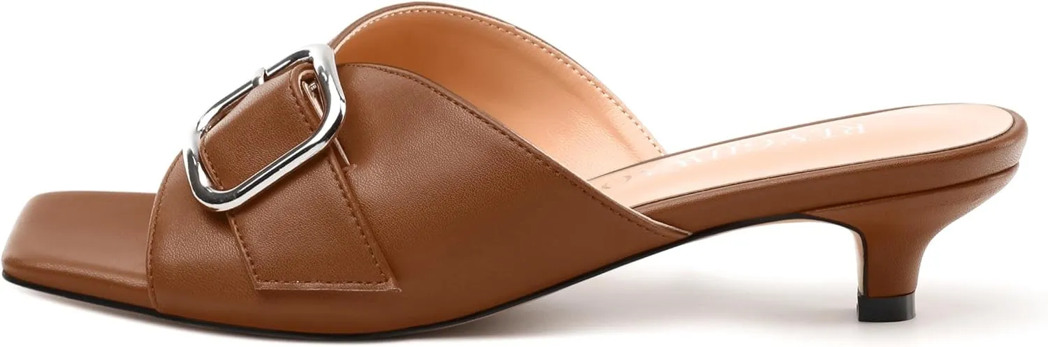 Women's Slide Sandals Square Open Toe Slip on Kitten Low Heel Metal Buckle Dressy Shoes