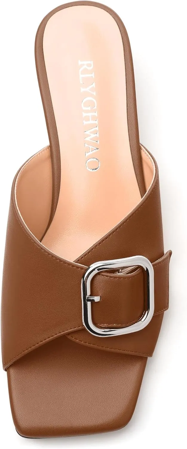 Women's Slide Sandals Square Open Toe Slip on Kitten Low Heel Metal Buckle Dressy Shoes