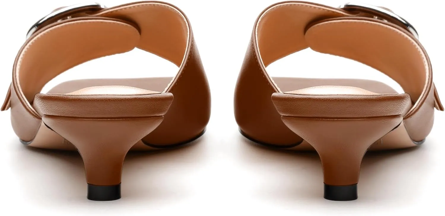 Women's Slide Sandals Square Open Toe Slip on Kitten Low Heel Metal Buckle Dressy Shoes
