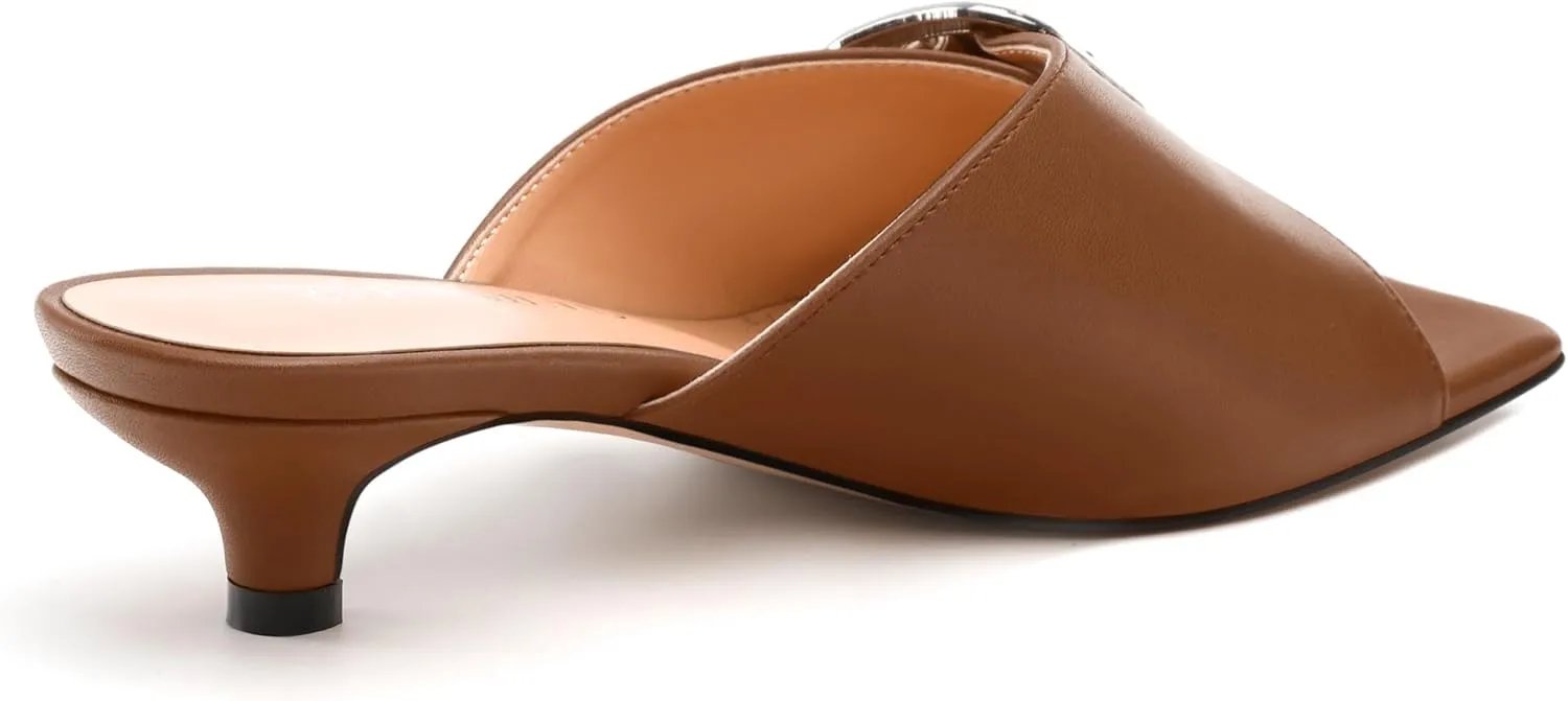 Women's Slide Sandals Square Open Toe Slip on Kitten Low Heel Metal Buckle Dressy Shoes