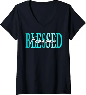 Womens Turquoise Forever Blessed Turquoise Graphic V-Neck T-Shirt