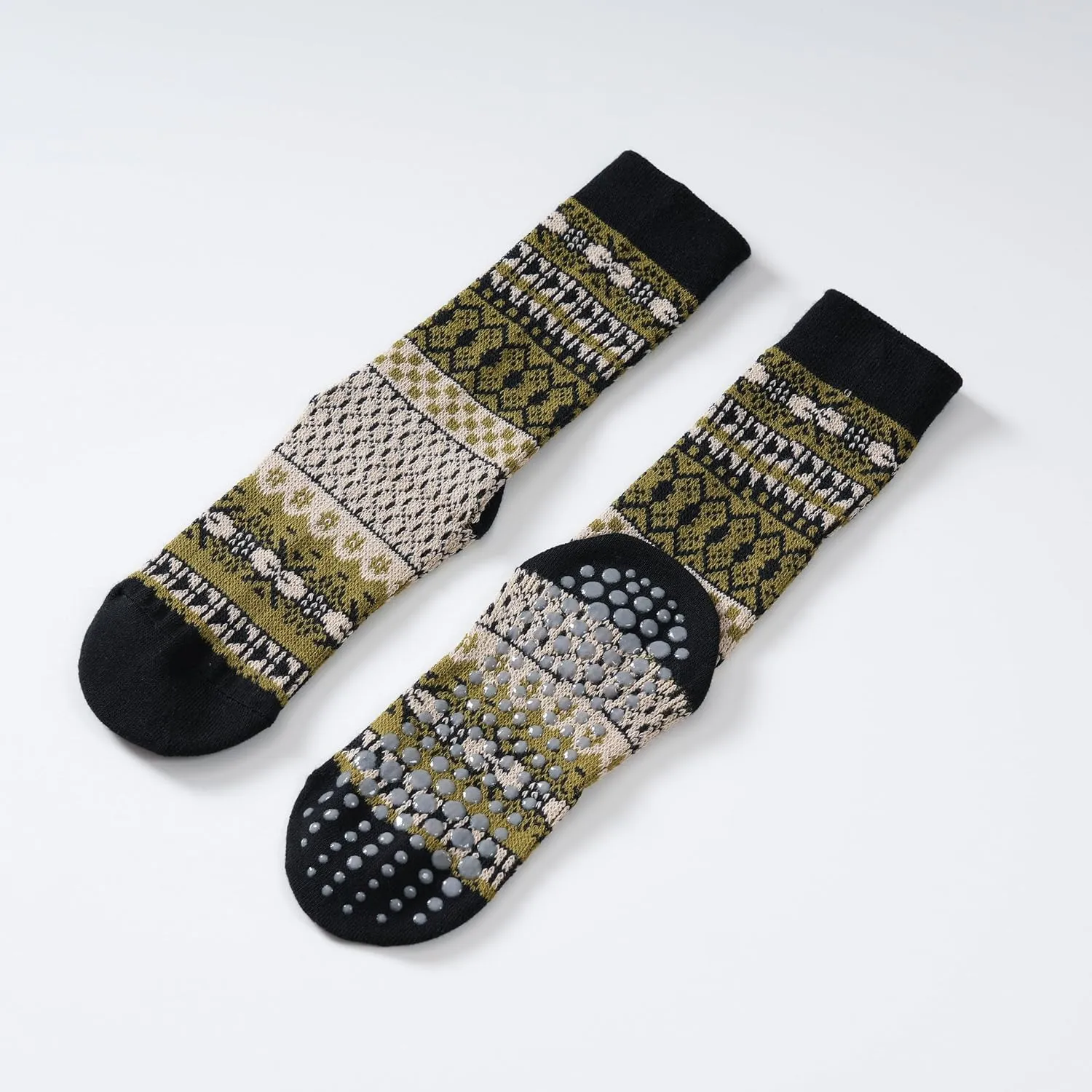 Yoga Pilates Socks with Grips for Women Knit Patterned Non Slip Cushioned Crew Socks for Barre Ballet Dance