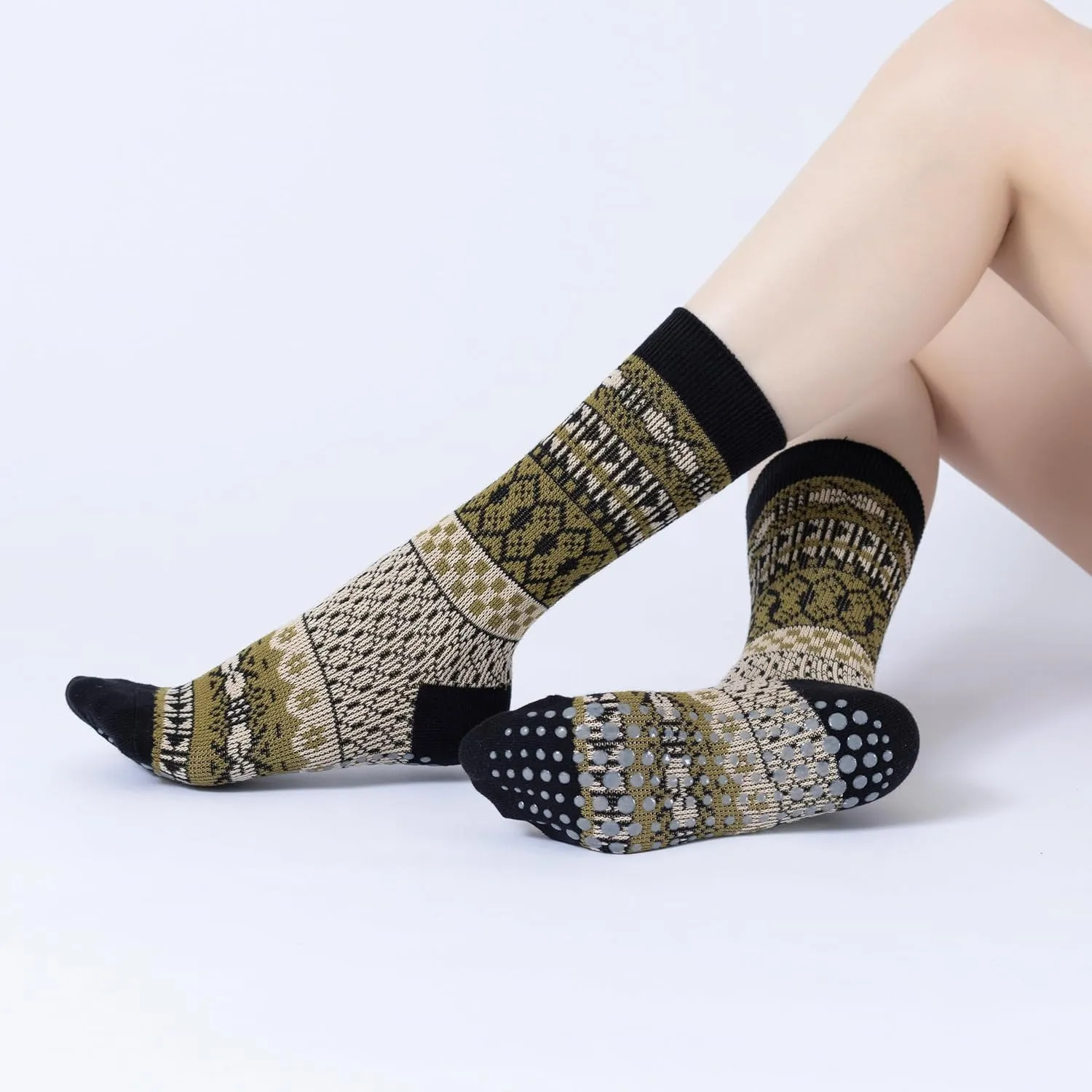 Yoga Pilates Socks with Grips for Women Knit Patterned Non Slip Cushioned Crew Socks for Barre Ballet Dance