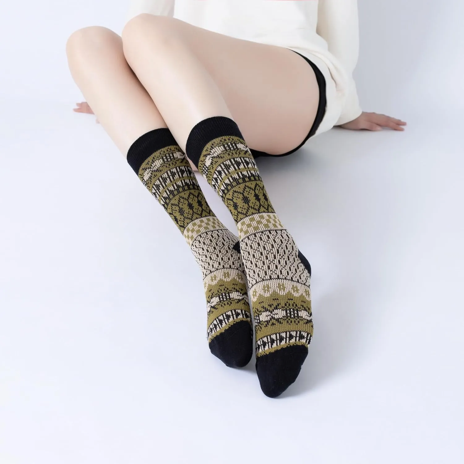Yoga Pilates Socks with Grips for Women Knit Patterned Non Slip Cushioned Crew Socks for Barre Ballet Dance