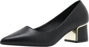 YooPrettyz Women Leather Pump Shoe Office Daily Wear Block Heel Work Pump Pointed Toe Polished Mid Heels